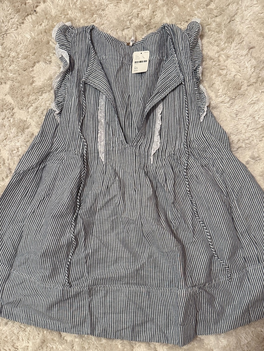 Free People Navy & White Striped Lace-Trim Sleeveless Tunic